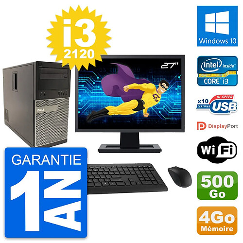 PC Tour Dell 790 MT Ecran 27" Intel i3-2120 RAM 4Go Disque 500Go Windows 10 Wifi · Occasion