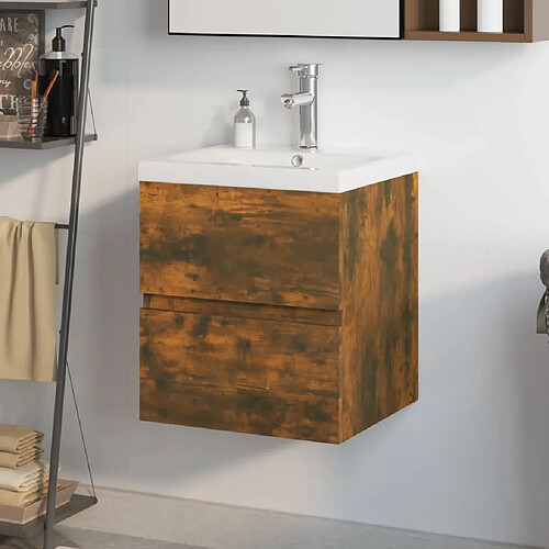 vidaXL Meuble lavabo avec bassin intégré Chêne fumé Bois d'ingénierie