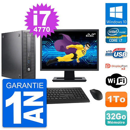 PC HP 600 G1 SFF Ecran 22" Intel i7-4770 RAM 32Go Disque Dur 1To Windows 10 Wifi · Occasion