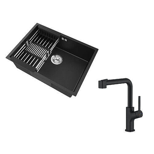 Auralum MAX Évier Cuisine 1 Bac 60*44*20CM,inox 304,à Encastrer/sous-plan avec Panier Drainage,Noir+Robinet de Cuisine Noir avec Douchette Extractible,Deux Jets