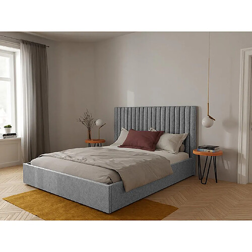 Vente-Unique Lit coffre 180 x 200 cm avec tête de lit coutures verticales - Tissu - Gris - SARAH