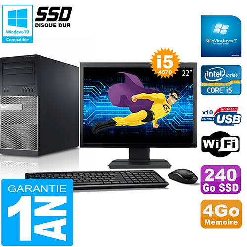 PC Tour DELL 9020 Core I5-4570 Ram 4Go Disque 240 Go SSD Wifi W7 Ecran 22" · Occasion