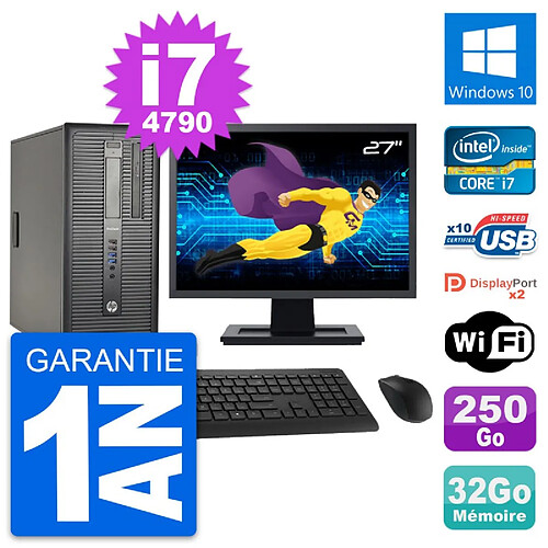 PC Tour HP 600 G1 Ecran 27" Intel i7-4790 RAM 32Go Disque 250Go Windows 10 Wifi · Occasion