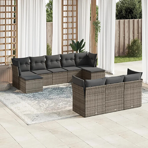 vidaXL Salon de jardin avec coussins 10 pcs gris résine tressée