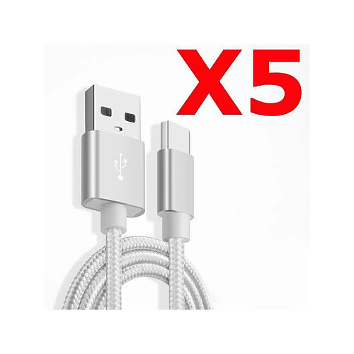 Little Boutik X5 Câble Metal Nylon Renforcé Chargeur USB Type C 1,5m Tréssé Couleur Argent Compatible Samsung LG Sony Wiko Blackberry Motorol