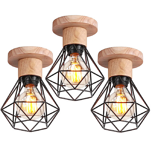 Stoex (3PCS)Plafonnier Rétro Luminaire Plafonnier Vintage Noir Plafonnier Moderne Plafonnier Intérieur Lampe de Plafond en Bois Et Métal