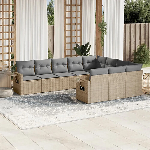 vidaXL Salon de jardin avec coussins 10 pcs beige résine tressée