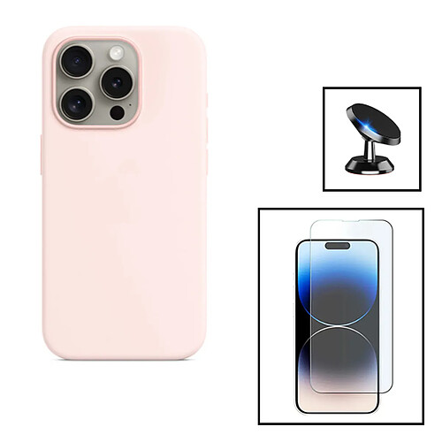 PHONECARE Kit Verre Trempé ClearGlass + Coque Silicone Liquide + Support Magnétique de Voiture pour Apple iPhone 15 Pro - Rose