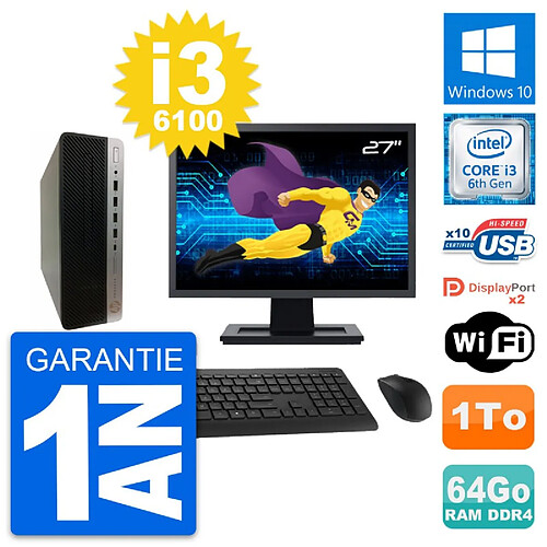 PC HP 600 G3 SFF Ecran 27" Intel i3-6100 RAM 64Go Disque Dur 1To Windows 10 Wifi · Occasion