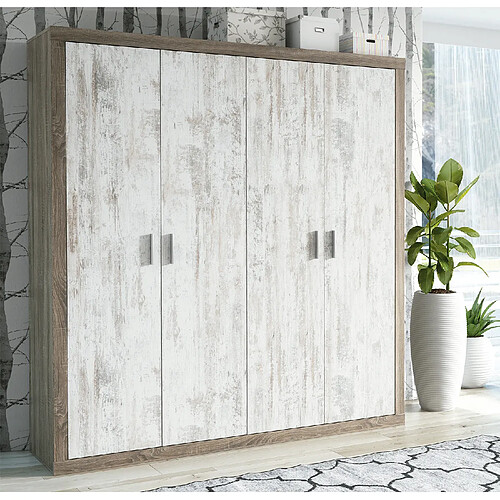 Pegane Armoire, meuble de rangement coloris chêne truffé, blanc vieilli - Longueur 196 x profondeur 50,20 x hauteur 207,60 cm