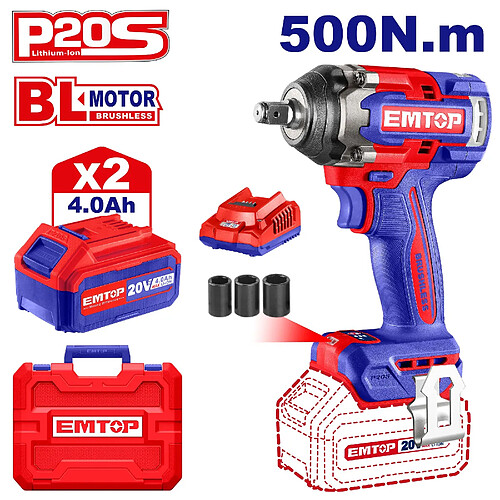 Clé à chocs boulonneuse 1/2 sans fil EMTOP 20V sans balais 500 Nm avec 2 batteries 4.0Ah + 1 chargeur + 3 douilles 21, 22, 24 mm+EMTOP
