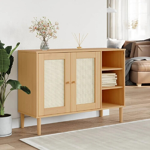 Buffet commode,console pour rangement SENJA aspect rotin marron 112x40x80cm bois massif de pin -MN55011