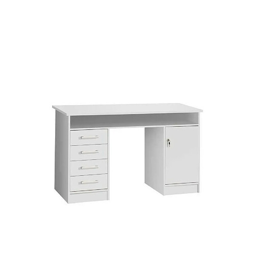 ALICANTE Bureau a cles, 1 porte, 4 tiroirs - Decor papier blanc - L 126 x P 55 x H 76 cm