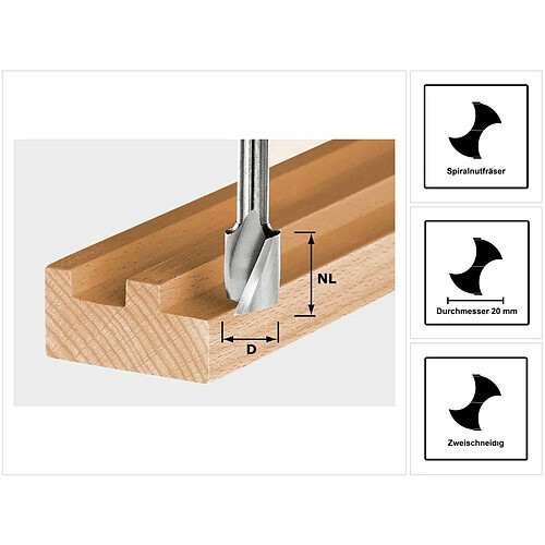 Festool HS Spi S8 D20/25 Fraise à rainurer hélicoïdale, 20 x 25 mm, tige 8 mm (490951)