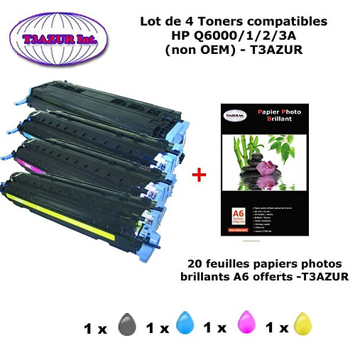 4 Toners génériques HP Q6000,1,2,3A pour HP LaserJet 1600, 2600, 2600N + 20f papiers photos A6 -T3AZUR