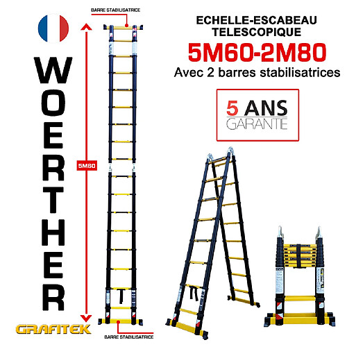 Escabeau-échelle télescopique Woerther 5m60/2m80 - Gamme Grafite- Double barre stabilisatrices - Qualité supérieur - Garantie 5 ans