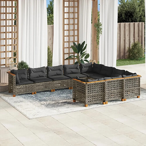 vidaXL Salon de jardin avec coussins 10 pcs gris résine tressée