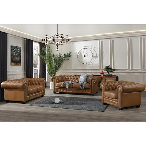 Vente-Unique Canapé chesterfield 2 places BRENTON 100% cuir de buffle premium - Caramel vintage