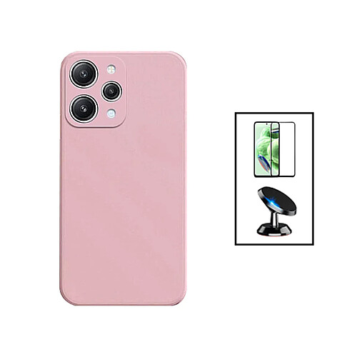 PHONECARE Kit Film Verre Trempé 5D Full Cover + Coque Silicone Liquide + Support Magnétique de Voiture pour Xiaomi Redmi 12 - Rose