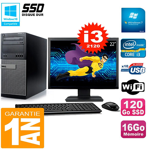 PC Tour DELL 7010 Ecran 22" Core I3-2120 RAM 16Go Disque 120 Go SSD Wifi W7 · Occasion