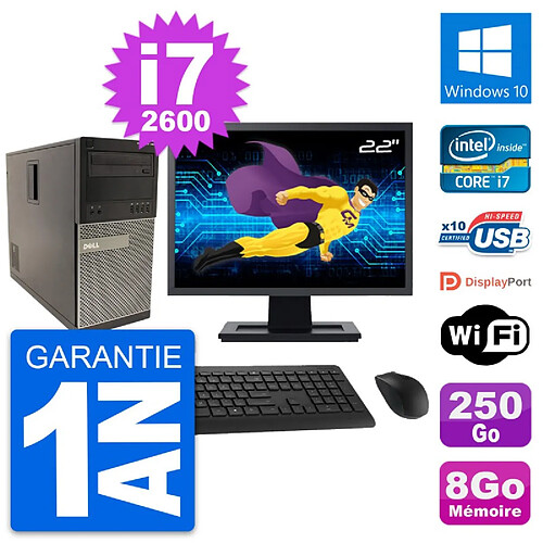 PC Tour Dell 790 MT Ecran 22" Intel i7-2600 RAM 8Go Disque 250Go Windows 10 Wifi · Occasion