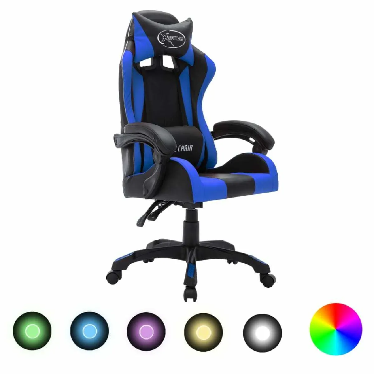 Maison Chic Fauteuil de jeux vidéo avec LED,Fauteuil Gamer du Bureau RVB Bleu et noir Similicuir -MN98513