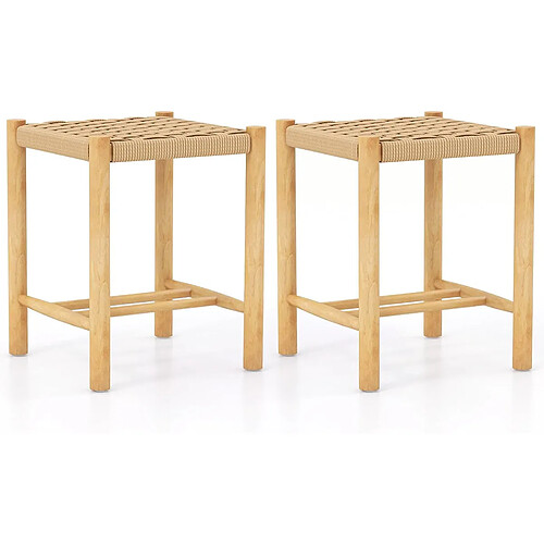 Helloshop26 Ensemble de 2 tabourets de bar de 45 cm cadre en bois de caoutchouc et siège en papier tissé tabouret sans dossier rustique naturel 20_0006724