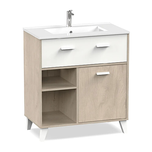 Pegane Meuble Vasque 1 porte + 1 tiroir coloris effet bois / blanc - Hauteur 90 x Longueur 82 x Profondeur 47 cm