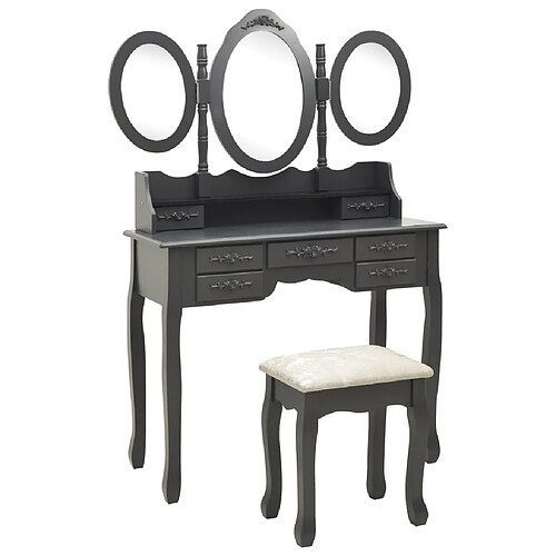 vidaXL Coiffeuse avec tabouret et miroir pliable en 3 Gris