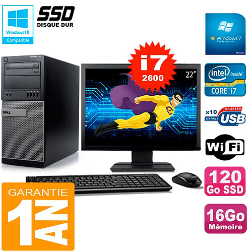 PC Tour DELL 7010 Ecran 22" Core I7-2600 RAM 16Go Disque 120 Go SSD Wifi W7 · Occasion