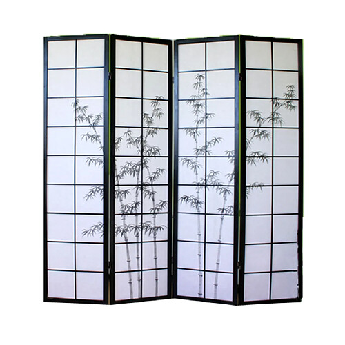 Pegane Paravent japonais en bois noir dessin bambou de 4 pans