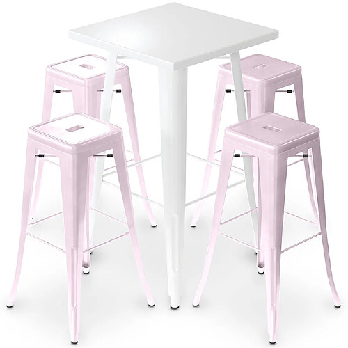 ICONIK INTERIOR Pack Tabouret de Table Blanc et Pack de 4 Tabourets de Bar - Design Industriel - Métal - Nouvelle Edition - Bistrot Stylix Rose pâle