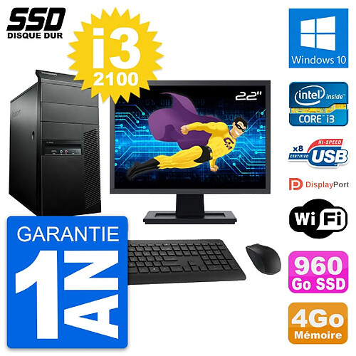 PC Tour Lenovo M91p Ecran 22" Intel i3-2100 RAM 4Go SSD 960Go Windows 10 Wifi · Occasion