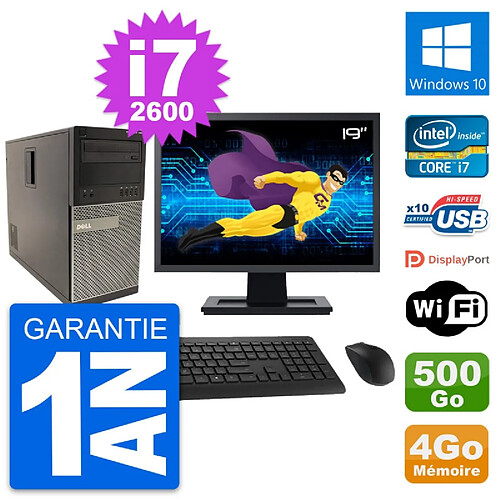 PC Tour Dell 790 MT Ecran 19" Intel i7-2600 RAM 4Go Disque 500Go Windows 10 Wifi · Occasion