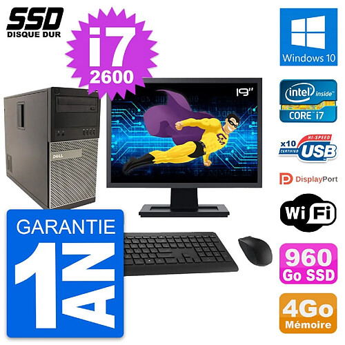 PC Tour Dell 790 MT Ecran 19" Intel i7-2600 RAM 4Go SSD 960Go Windows 10 Wifi · Occasion