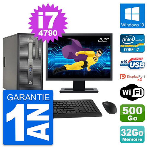 PC Tour HP 600 G1 Ecran 22" Intel i7-4790 RAM 32Go Disque 500Go Windows 10 Wifi · Occasion