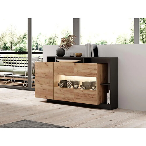 Vente-Unique Buffet 3 portes et 3 niches avec LEDs - Coloris : Naturel et anthracite - IDESIA