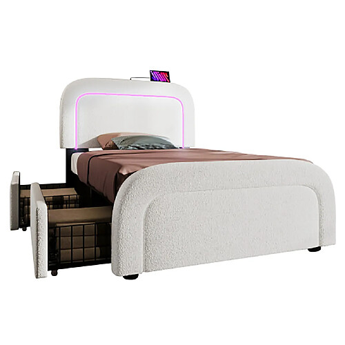 Sweiko Lit adulte 90x200 cm Lit avec 2 tiroirs USB Type C éclairage LED tête de lit réglable en hauteur Blanc avec matelas