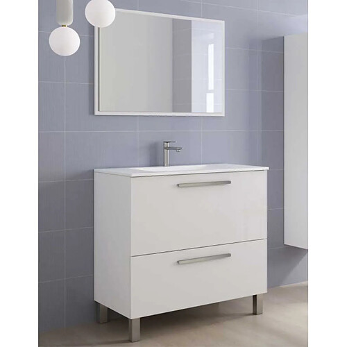 Dansmamaison Meuble vasque 2 tiroirs 80 cm + vasque + miroir Blanc Brillant - BANRU