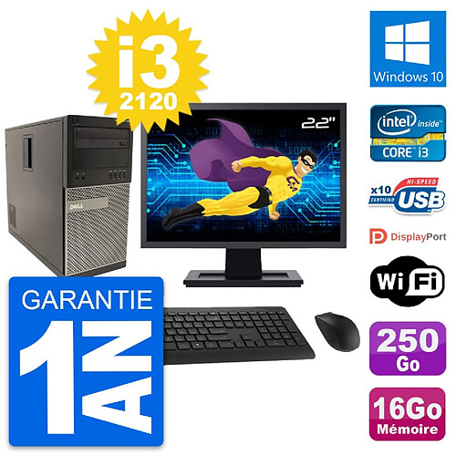 PC Tour Dell 790 MT Ecran 22" Core i3-2120 RAM 16Go Disque 250Go Windows 10 Wifi · Occasion