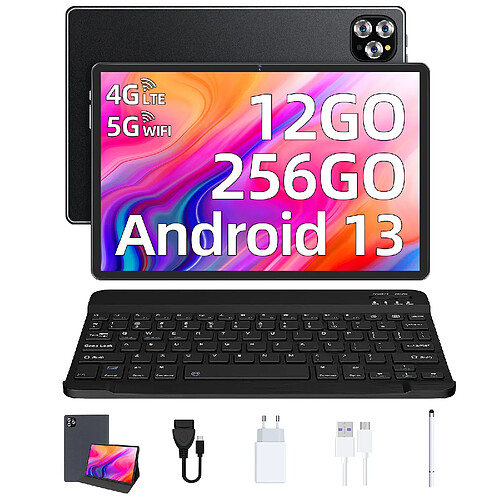 VANWIN Tablette Android 13, 4G LTE+ 5G WiFi 12Go RAM+256Go ROM/1 To TF Tablette Tactile 10,1 Pouces 7560mAh Batterie 1920*1200FHD+ WiFi 6 Octa-Core tablette avec clavier-Noir