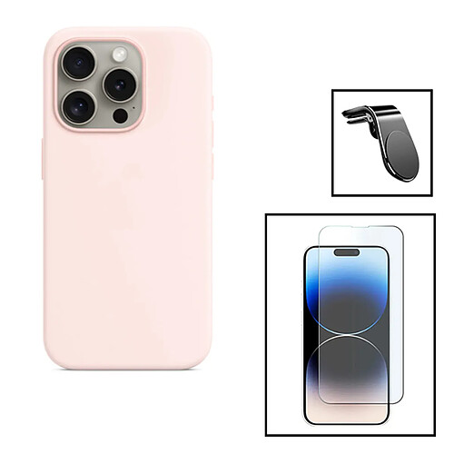 PHONECARE Kit Verre Trempé ClearGlass + Coque Silicone Liquide + Support Magnétique L Safe Driving Voiture pour Apple iPhone 15 Plus - Rose