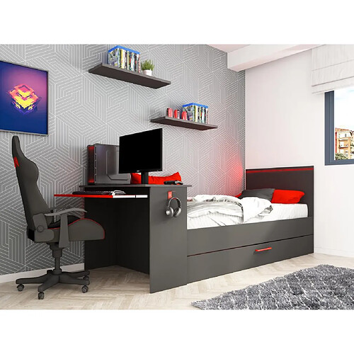 Vente-Unique Lit gigogne gamer2 x 90 x 200 cm - Avec bureau - LEDs - Anthracite et rouge + Sommier - VOUANI