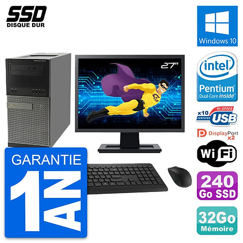 PC Tour Dell 9010 Ecran 27" Intel G630 RAM 32Go SSD 240Go Windows 10 Wifi · Occasion