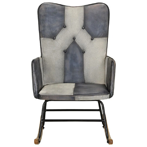 Maison Chic Chaise à bascule | Fauteuil Relax, design moderne Gris Cuir véritable et toile -GKD14813