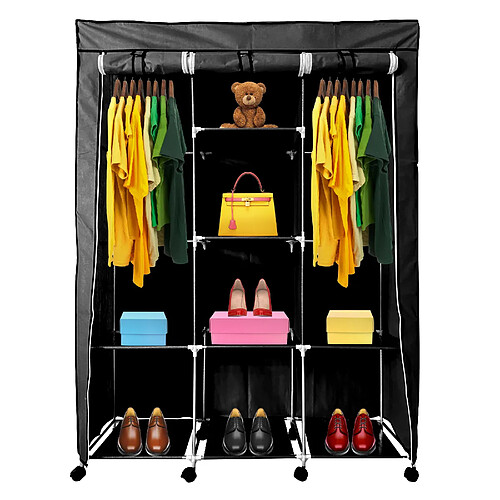 Dressing en tissu avec portes zippées et roulettes Nyana Home 170x125x45cm 6 espaces, 3 portes, 2 armoires Noir