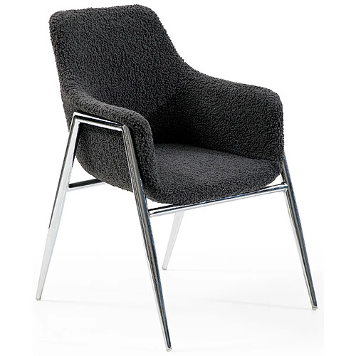 Vivenla Chaise salle à manger design revêtement en tissu bouclette gris foncé avec piètement en acier argenté L. 60 x P. 60 x H. 84 cm collection METZ