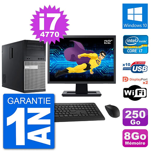 PC Tour Dell 9020 Ecran 22" Intel i7-4770 RAM 8Go Disque 250Go Windows 10 Wifi · Occasion