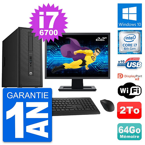 PC Tour HP 800 G2 Ecran 22" Intel i7-6700 RAM 64Go Disque Dur 2To Windows 10 Wifi · Occasion