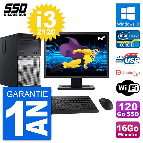 PC Tour Dell 9010 Ecran 19" Intel i3-2120 RAM 16Go SSD 120Go Windows 10 Wifi · Occasion